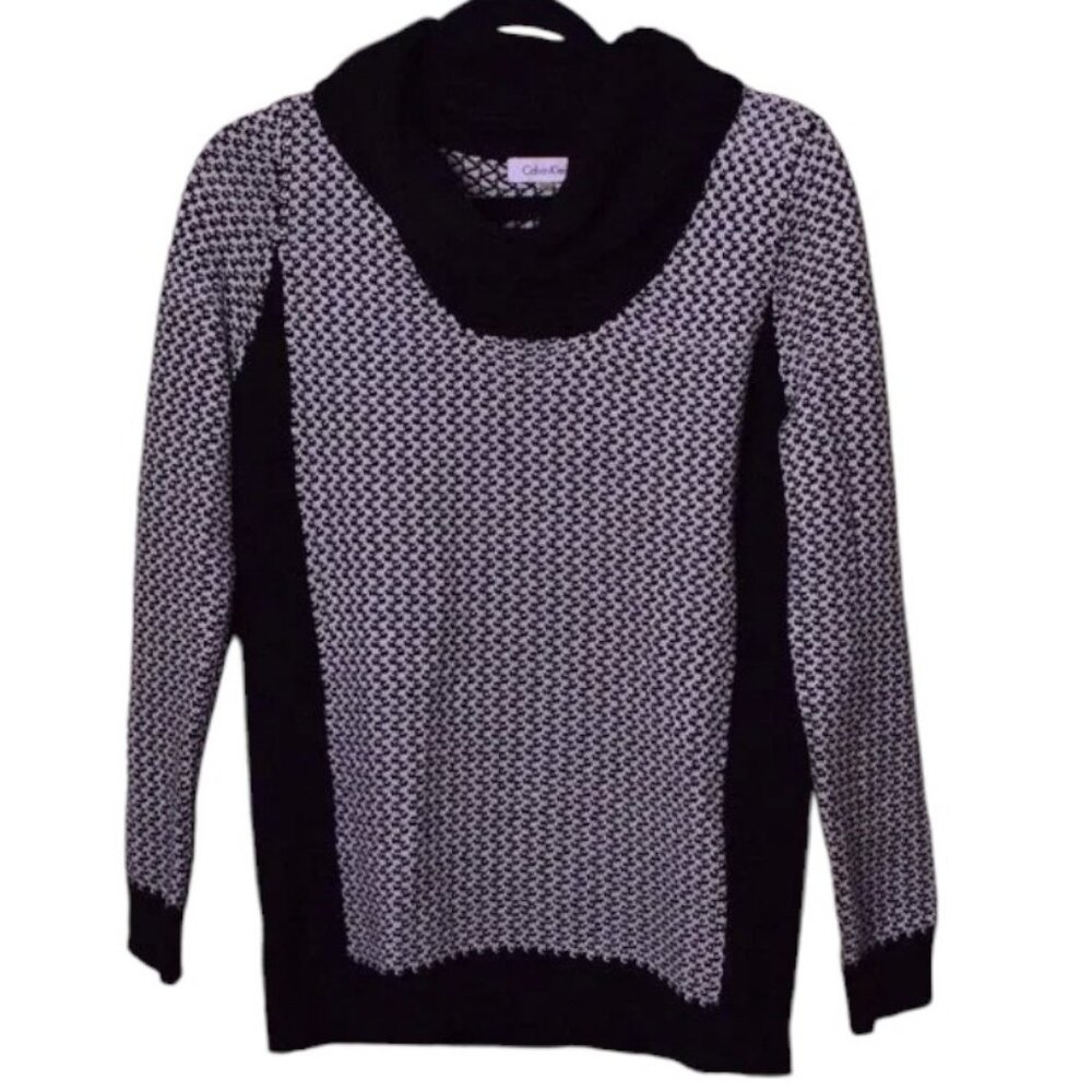 Women's Calvin Klein Black & White Houndstooth Cowl Neck Chunky Sweater - Size M